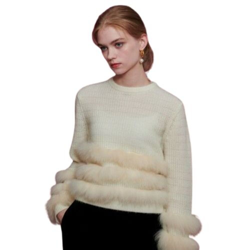 Loulou Willoughby Real Fox Fur Trim Ivory Wool Knit Sweater Japan Size 2 / M